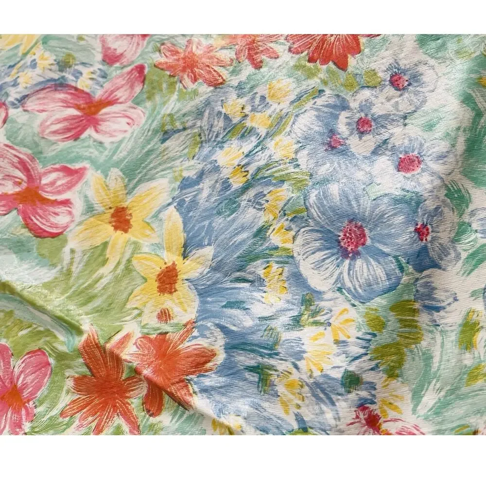 Vinyl Flannel Back Tablecloth Round FLOWER Power Yellow Pink Blue Vintage Green